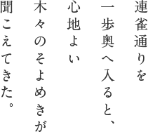 連雀通りを一歩奥へ入ると、心地よい木々のそよめきが聞こえてきた。